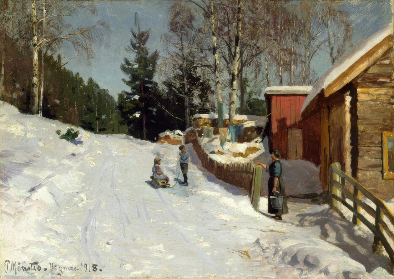 Barn som leker på den snötäckta bygatan av Peder Monsted