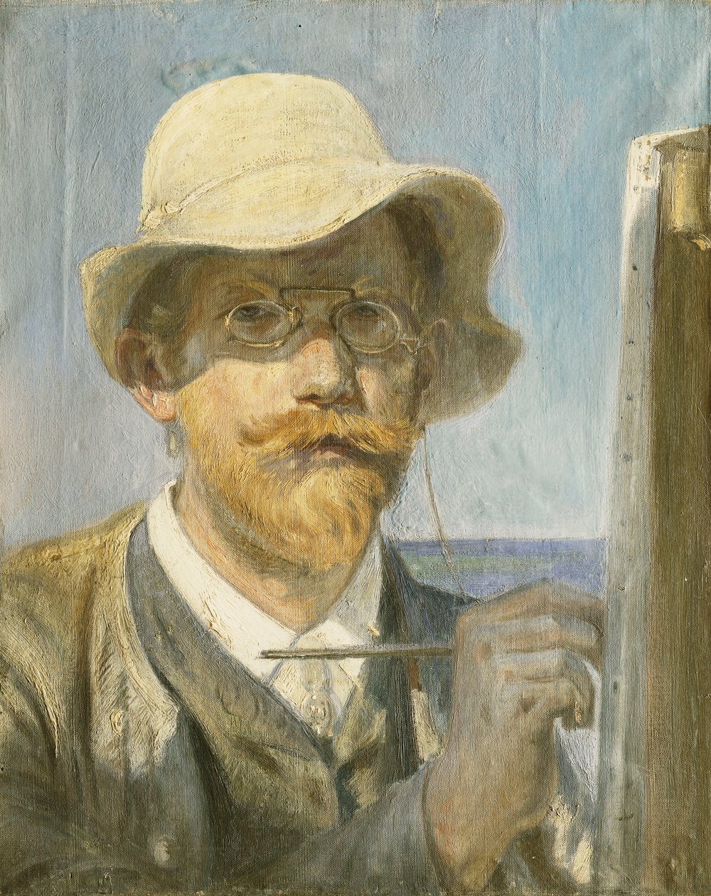 Ett självporträtt av konstnären, med huvud och axlar vid hans staffli, av Peder Severin Krøyer