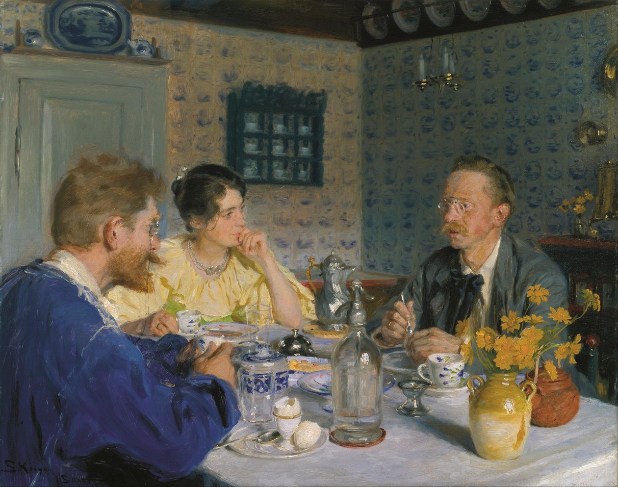 En frukost. Konstnären, hans fru och författaren Otto Benzon. av Peder Severin Krøyer