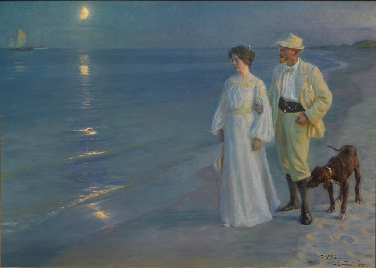 Danska: Sommeraften ved Skagens Strand Sommarkväll vid Skagens strand. Konstnären och hans fru. av Peder Severin Krøyer
