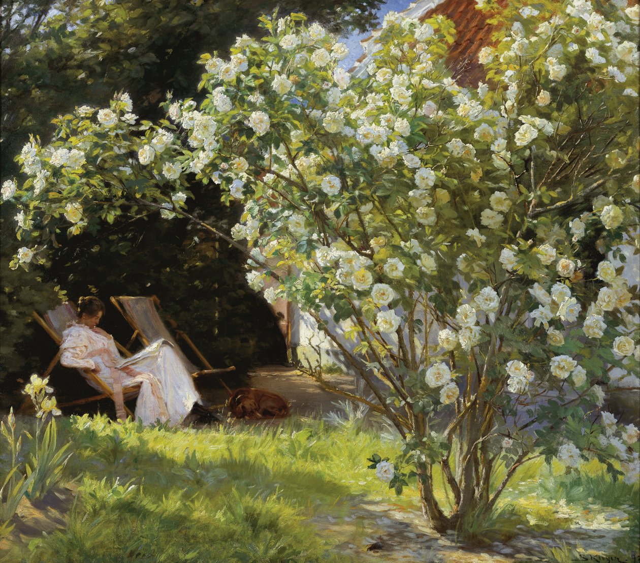 Rosor. Marie Krøyer satt i solstolen i trädgården vid fru Bendsens hus av Peder Severin Krøyer