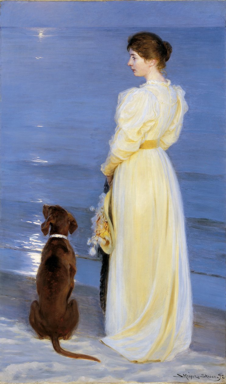 Sommarkväll på Skagen. Konstnärens fru med hund vid stranden av Peder Severin Krøyer