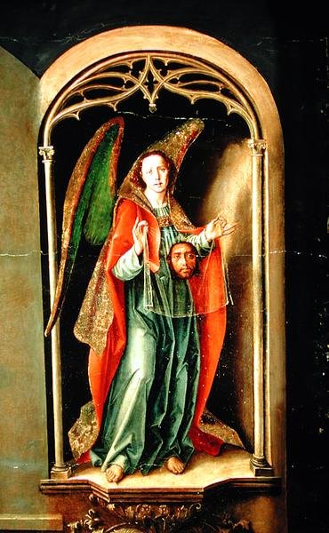 Ängel som håller det heliga döljet, detalj från St. Thomas Aquinos altartavla, 1510 av Pedro Berruguete