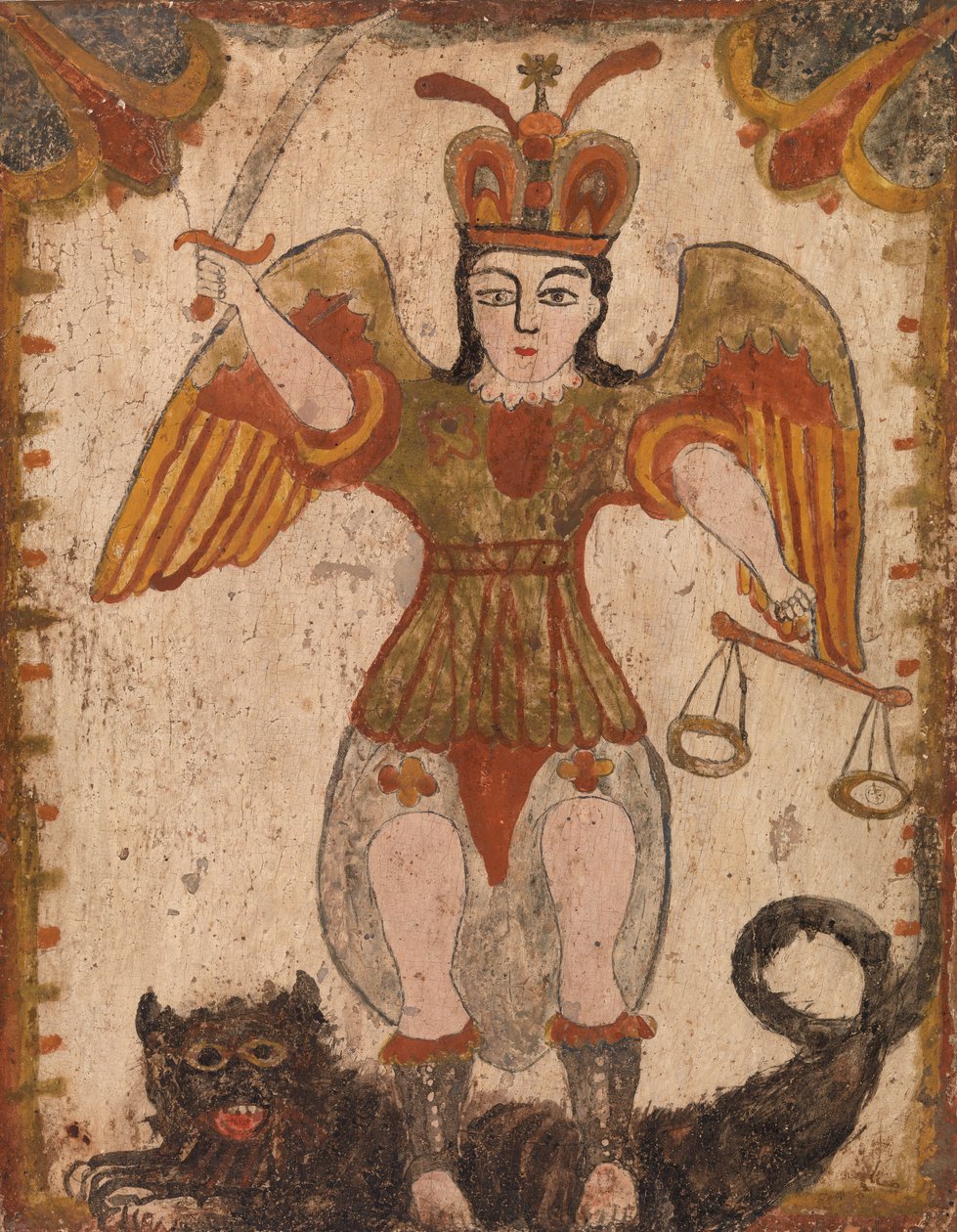 Ärkeängeln Sankt Mikael, ca. 1810 (vattenbaserad färg på träpanel) av Pedro Antonio Frésquis