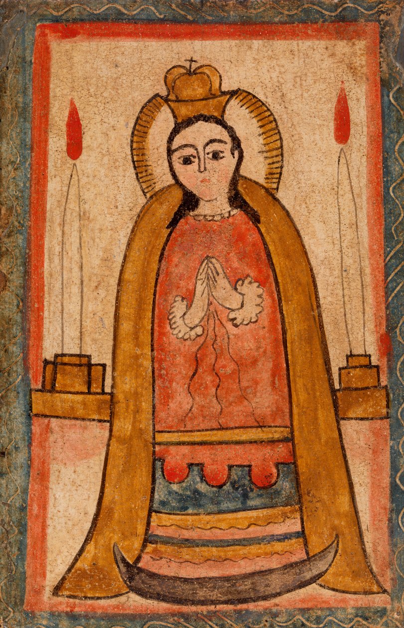 Madonna klädd i en röd klänning, ca. 1820 (vattenbaserad färg på träpanel) av Pedro Antonio Frésquis