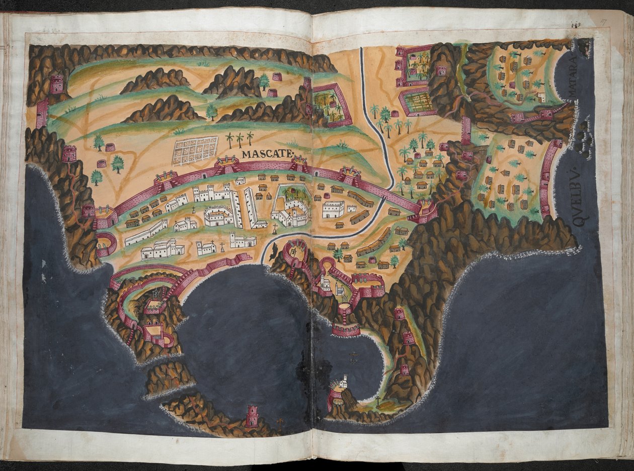 En plan eller vy av Mascate [Muscat], c.1635 (pigment på papper) av Pedro Barretto de Resende