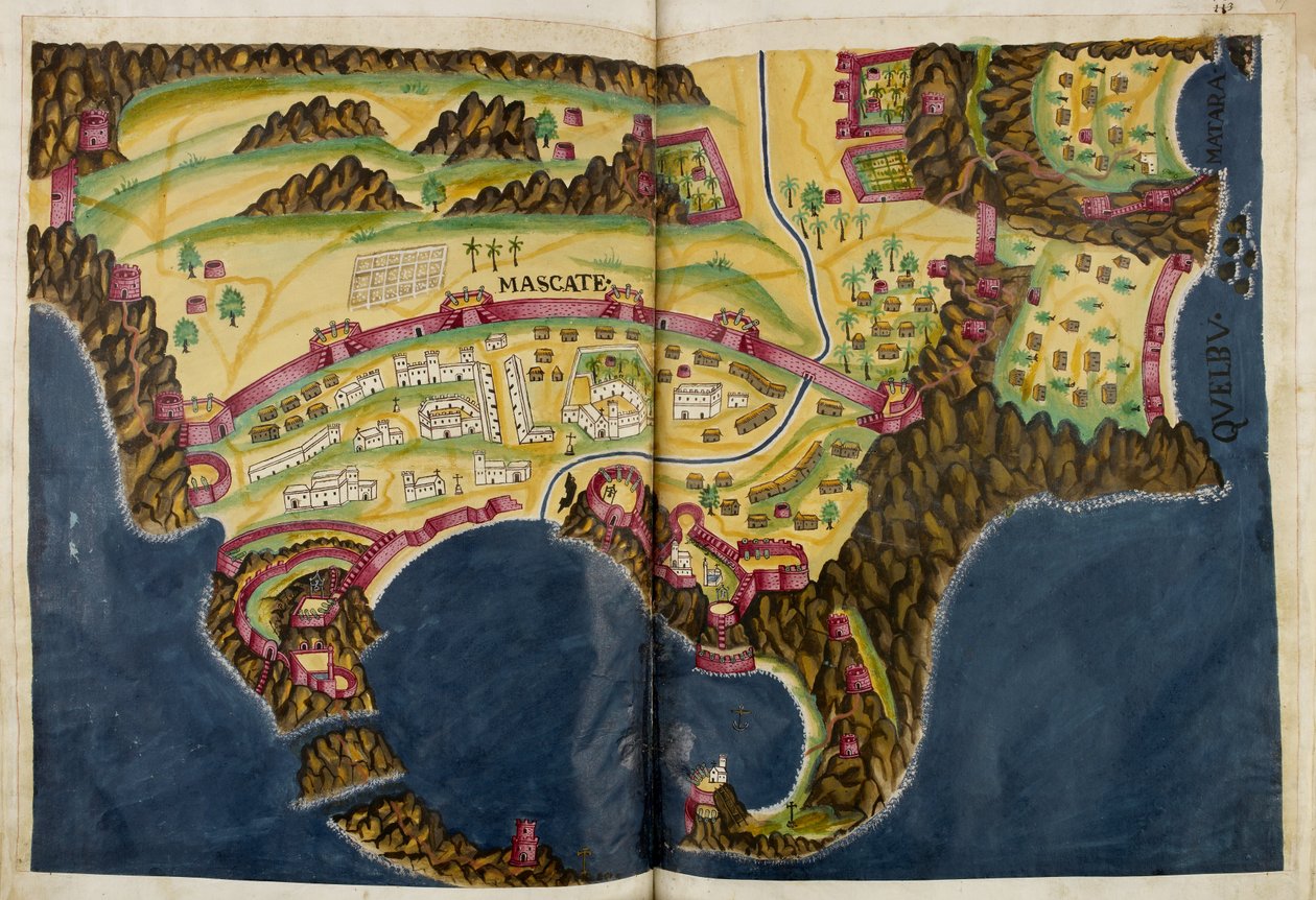 Nedan portugisisk illustration av Muscat, från manuskriptet Livro do Estado da India Oriental av Pedro Barreto de Resende, Sloane MS 197 av Pedro Barretto de Resende