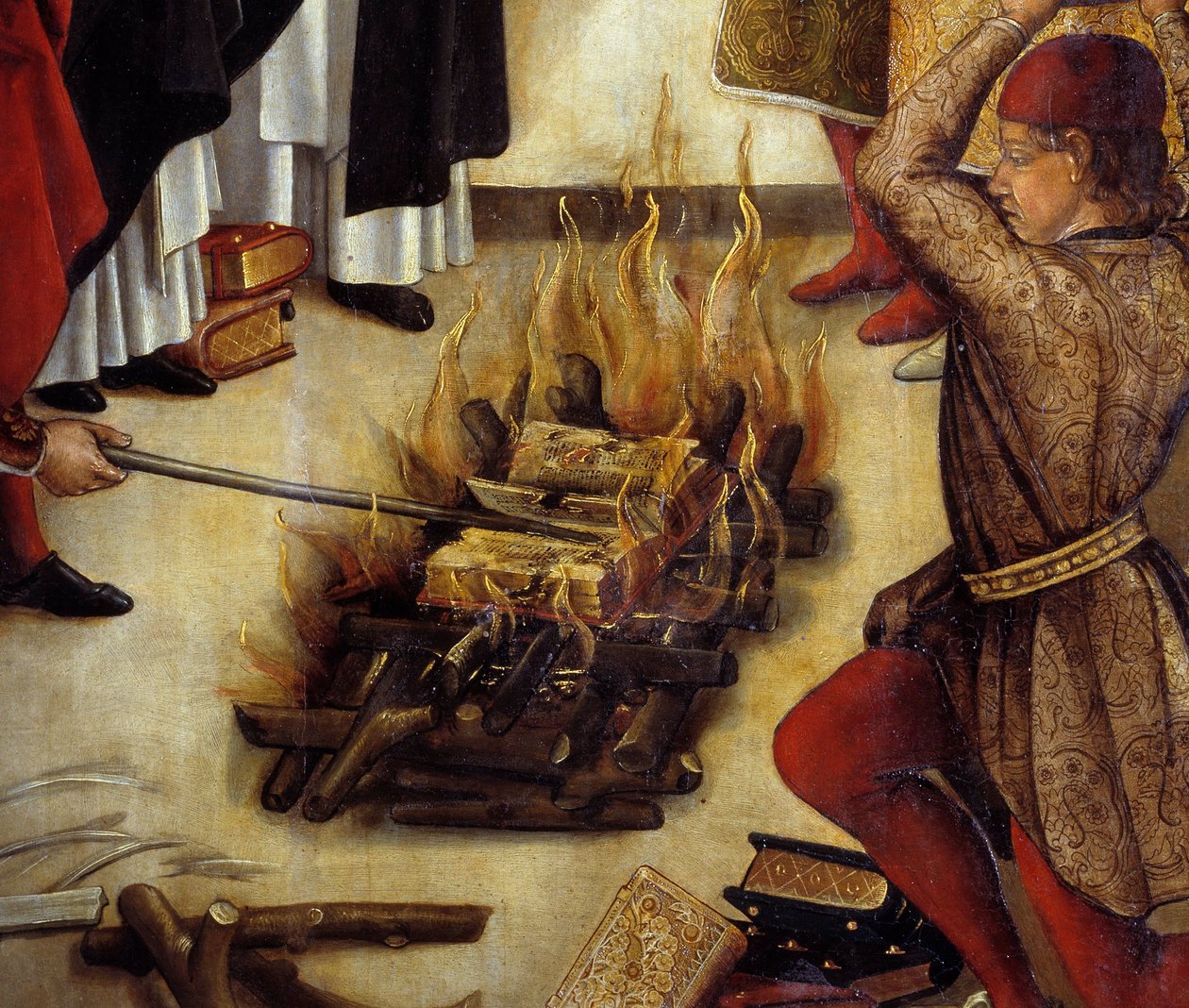 Detalj av "" Saint Dominique et les Albigeois"" (Le Miracle des Fanjeaux): helgonet ger Albigeois boken som motbevisar deras heresi och Albigeois försöker bränna den, utan framgång. Målning av Pedro Berruguete (1450-1504). 1500-talet sön. 1,22 x 0 av Pedro Berruguete