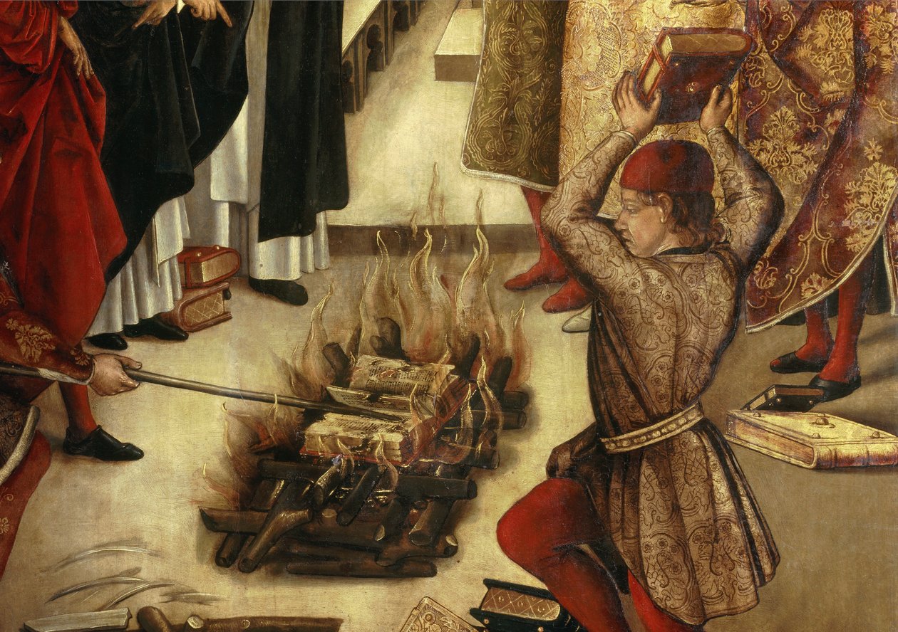 Detalj av "" Saint Dominique et les Albigeois"" (Le Miracle des Fanjeaux): helgonet ger Albigeois boken som motbevisar deras heresi och Albigeois försöker bränna den, utan framgång. Detalj. Målning av Pedro Berruguete (1450-1504). 1500-talet sön. av Pedro Berruguete