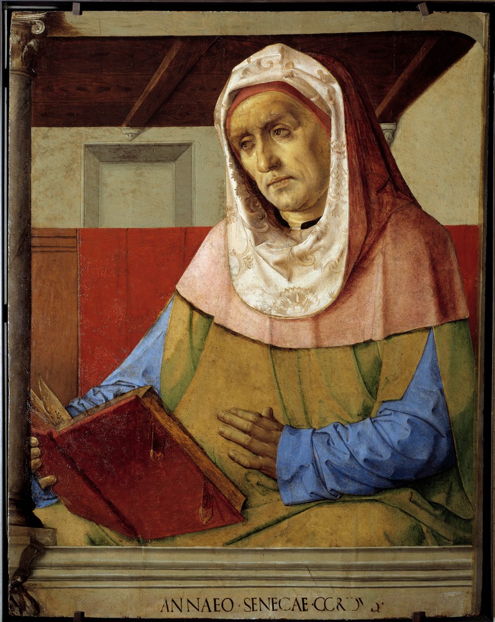 Porträtt av Seneque (Lucius Annaeus Seneca, 4 f.Kr.-65 e.Kr. JC), filosof av den stoiciska skolan, dramatiker och en romersk statsman. Målning av Pedro Berruguete (omkring 1450-före 1500) och Just From Ghent (1435-1480) Ec. Flam av Pedro Berruguete