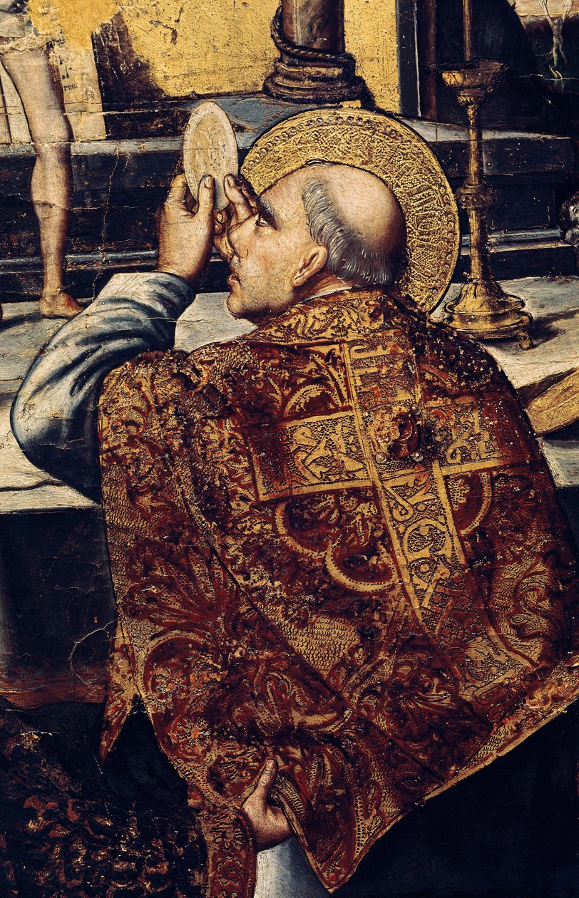 Eukaristin (Helgon reser värden, en kristen symbol för Kristi kropp). Detalj av altartavlan av Gregorius I:s mässa, kallad den store eller dialogen (540-604) påven år 590. Målning av Pedro BERRUGUETE (1450-1504). Renässansmålning, Catal av Pedro Berruguete