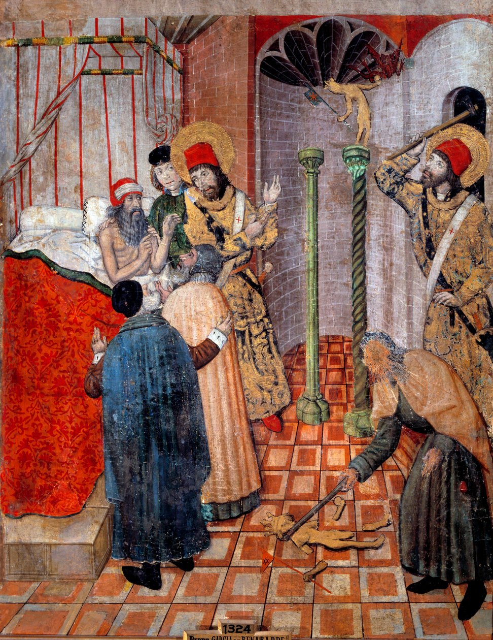 San Sebastian och Saint Polycarp förstör idoler. Prästen Polycarp och Sebastian vid Prefet i Rom (Chromace) som bad dem att varna honom. Sebastien sa åt honom att först ge upp sina idoler och ge honom tillåtelse att slå sönder dem. Målning av Pedro Garcia av Pedro García de Benabarre