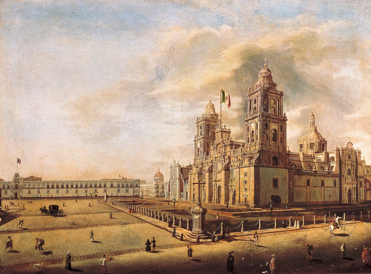 ""The Metropolitan Cathedral and the National Palace in Mexico City"" Målning av Pedro Gualdi (1809-1857) circa 1840 National Museum of History Mexico City, Mexiko av Pedro Gualdi