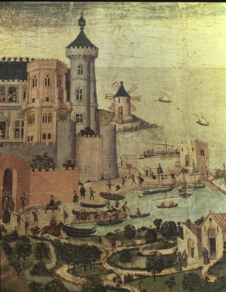 Mallorcas hamn med Almudaine-tornen, under erövringen av staden av James I (detalj) av Pedro Nisart