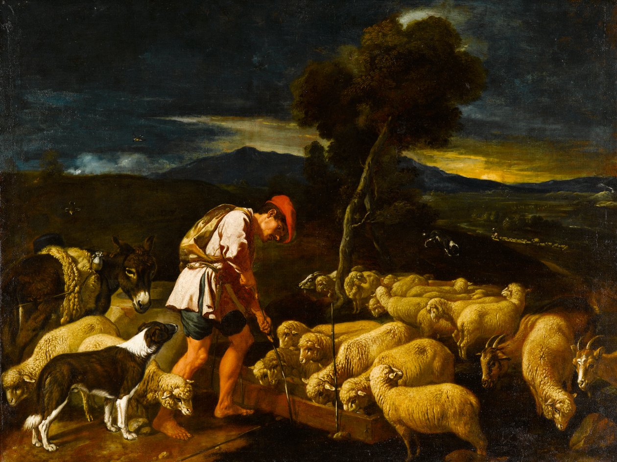 Jacob vattnar Labans får före skalade grenar, c1612-1622 av Pedro Orrente
