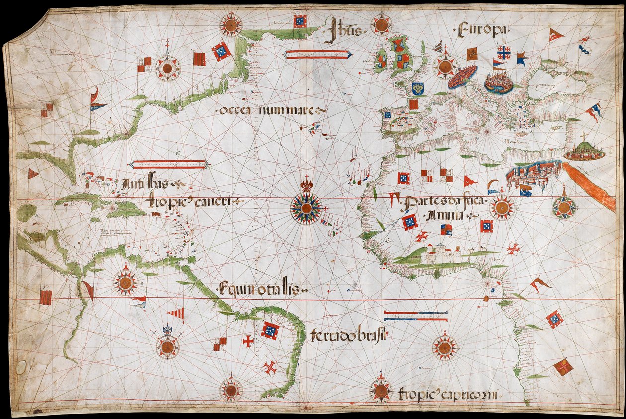 Karta över Atlanten, Medelhavet och Svarta havet, ca 1535 (pergament, papper) av Pedro Reinel