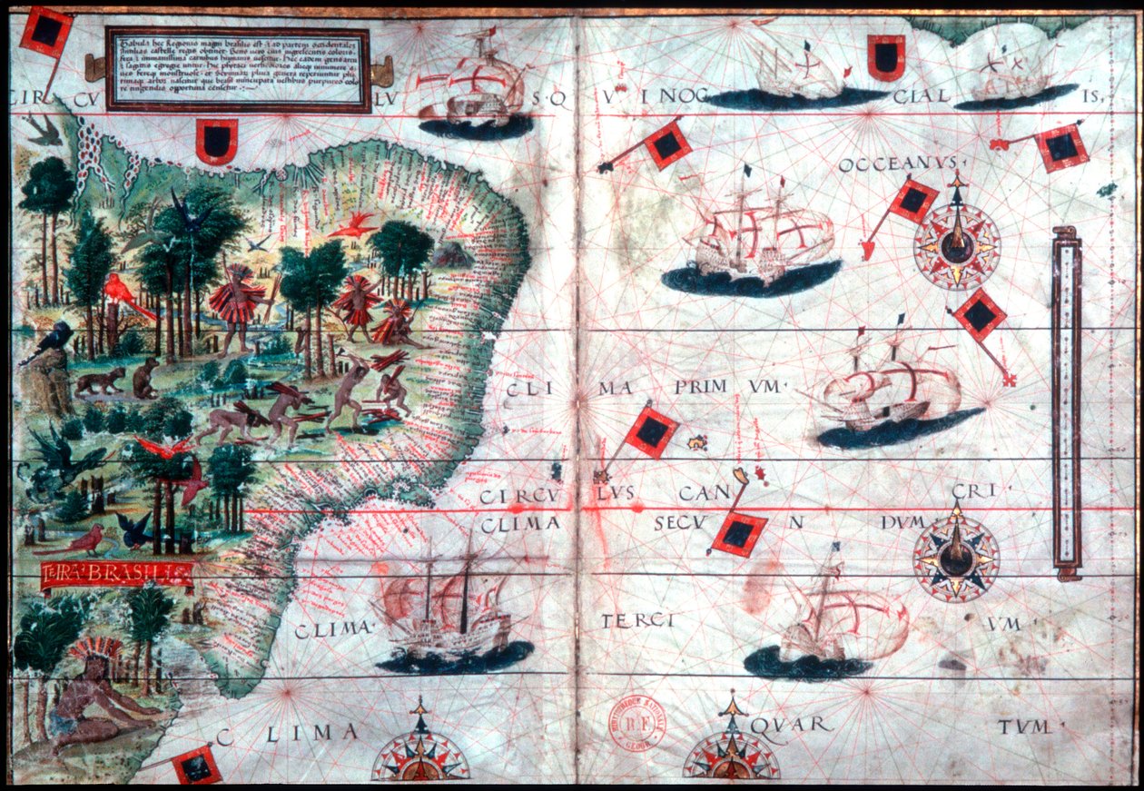 Karta över Brasilien av de portugisiska navigatörerna Pedro Reinel och Lopo Homen, c1525. av Pedro Reinel