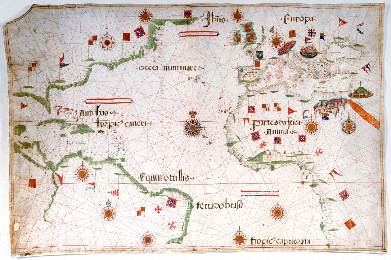 Portulankarta över Atlanten, Medelhavet och Svarta havet, ca 1535 (pergament, papper) av Pedro Reinel