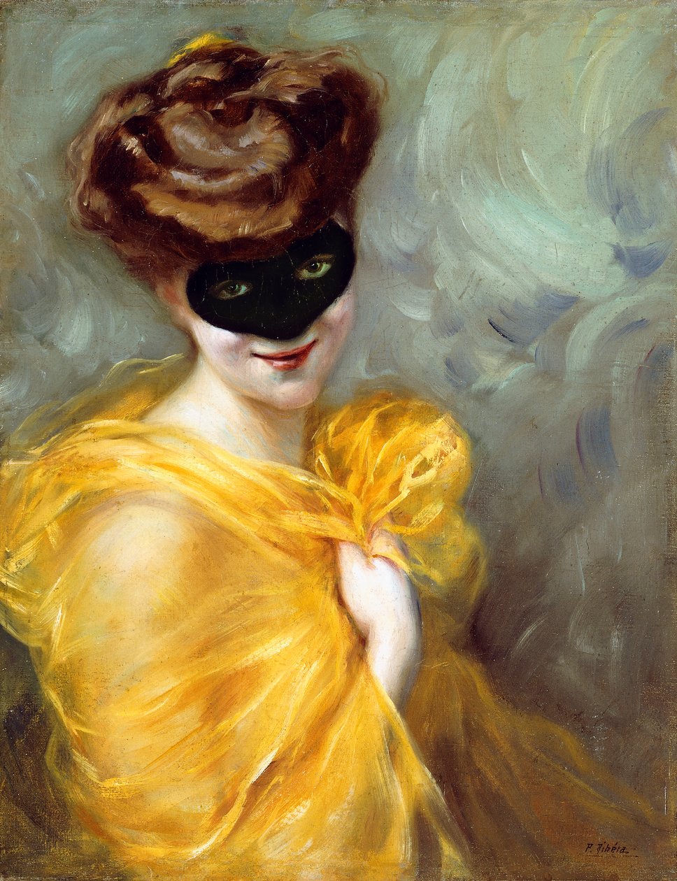 Porträtt av en dam med en mask (olja på duk) av Pedro Ribera