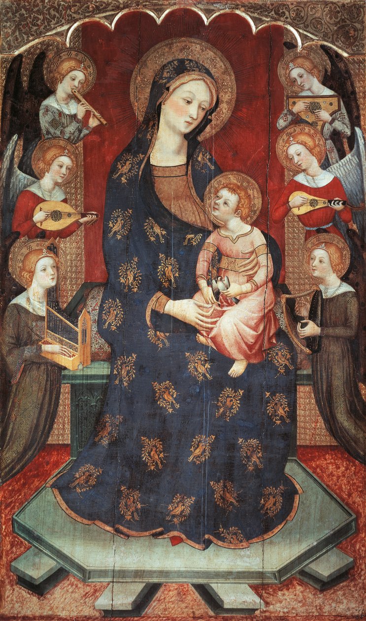 Madonna med barn med änglar som spelar musik av Pedro Serra