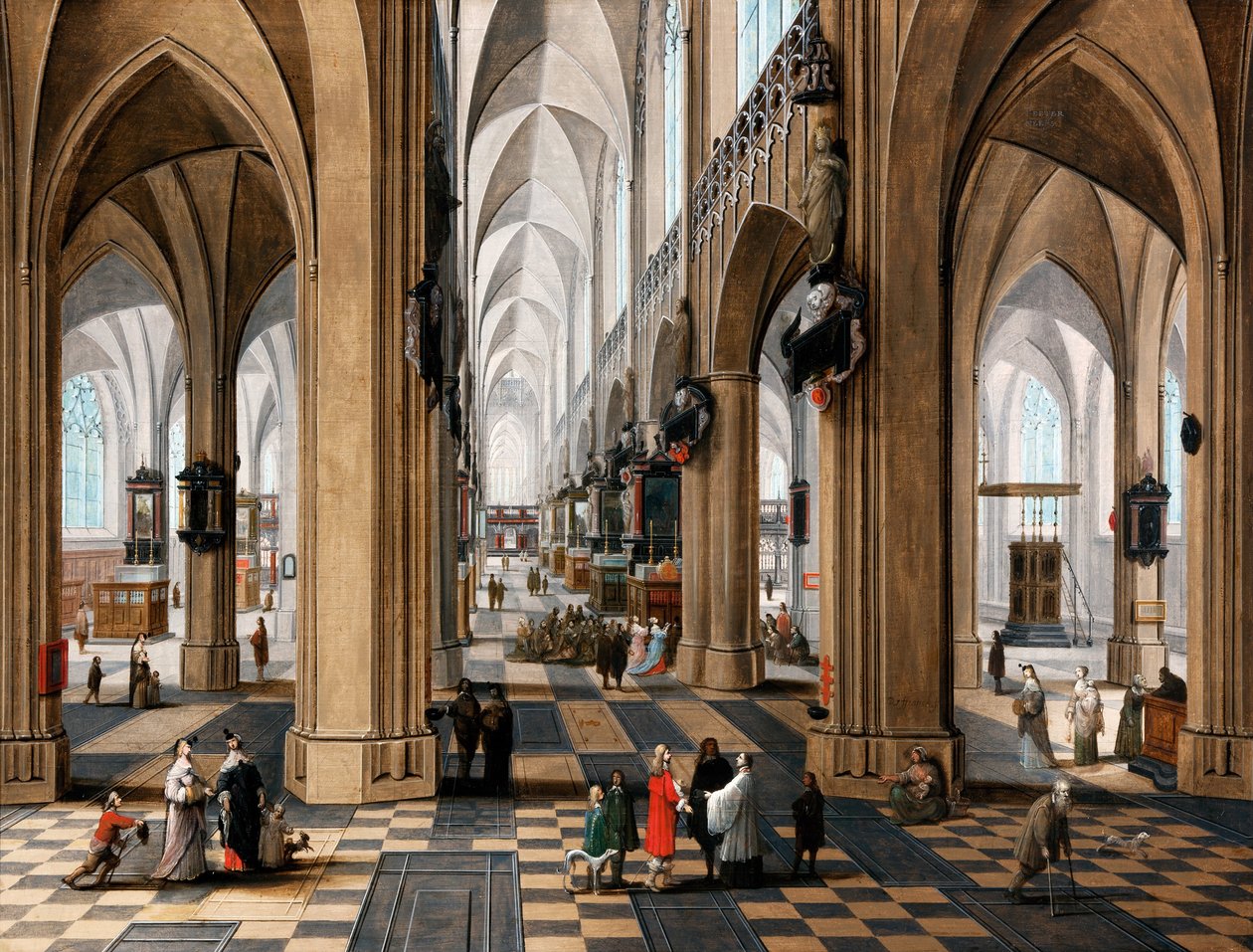 A church interior with elegant figures strolling and figures attending mass av Peeter the elder Neefs