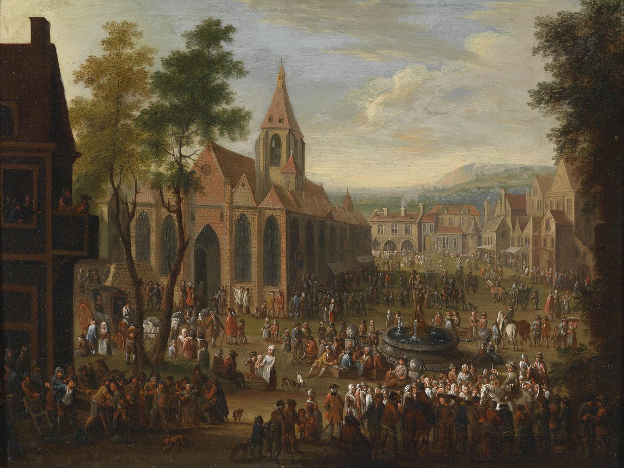 Ein Fest auf einem städtischen Platz mit zahlreichen Figuren av Peeter van Bredael