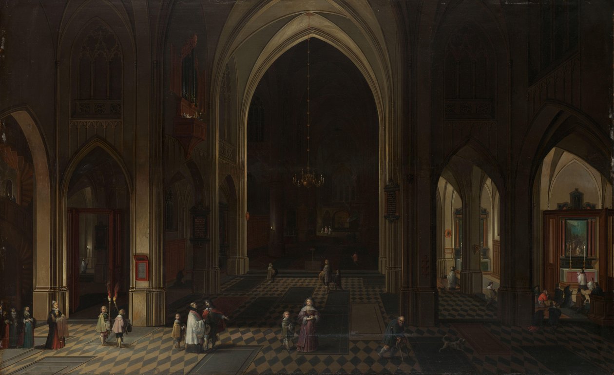 Interiör av en gotisk kyrka på natten tittar österut av Peeter Neeffs (I)