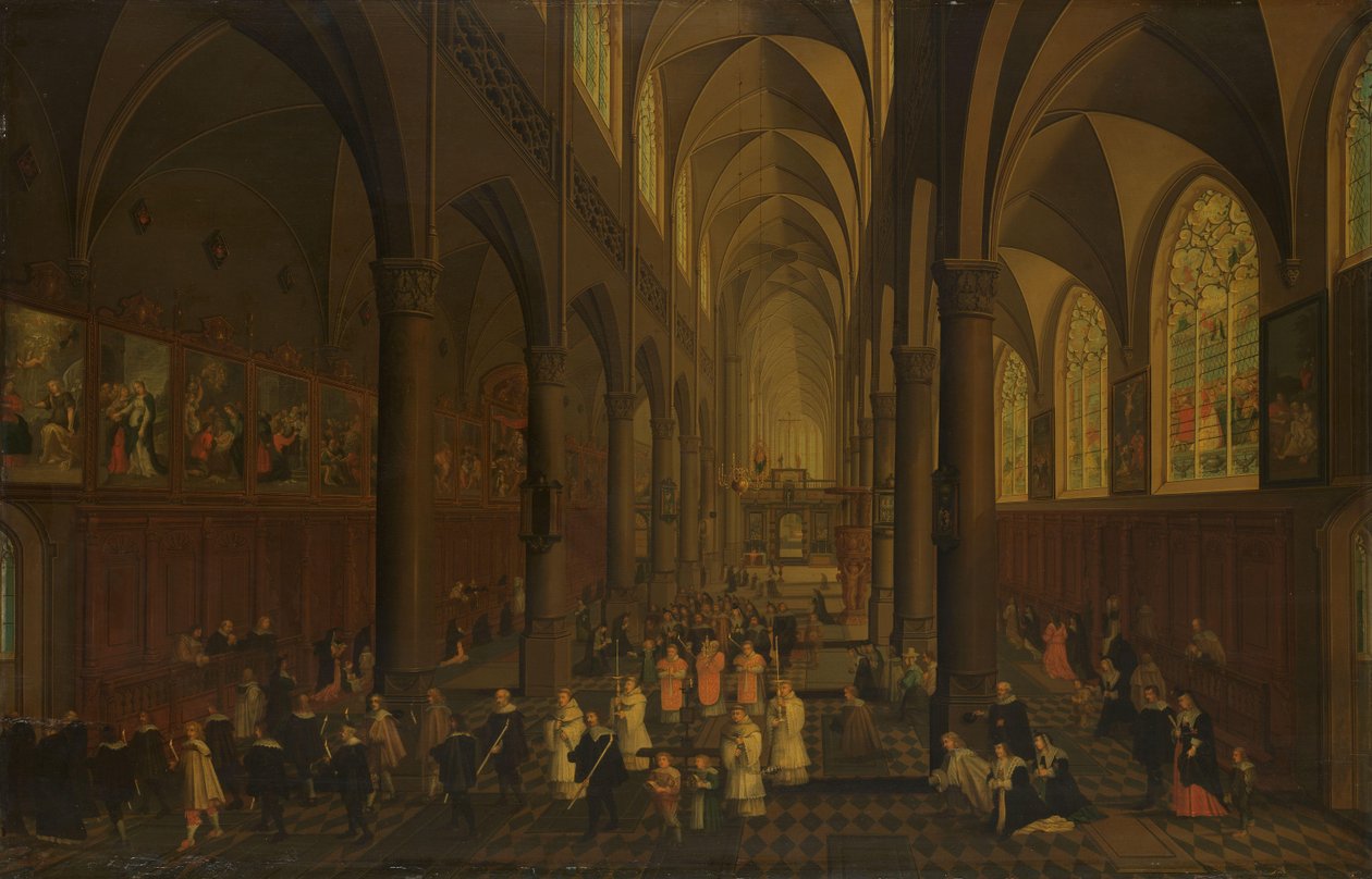 Interiören av Dominikanska kyrkan, Antwerpen, med blick österut, med processionen av det heliga sakramentet av Peeter Neeffs (I)