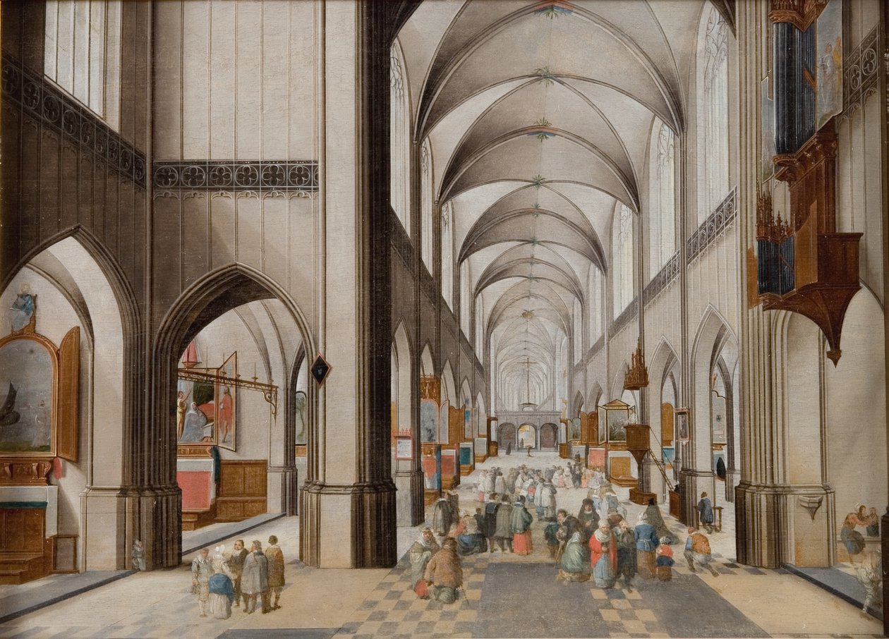 Interiör av en treskeppig gotisk kyrka under en predikan av Peeter Neeffs d.Æ.