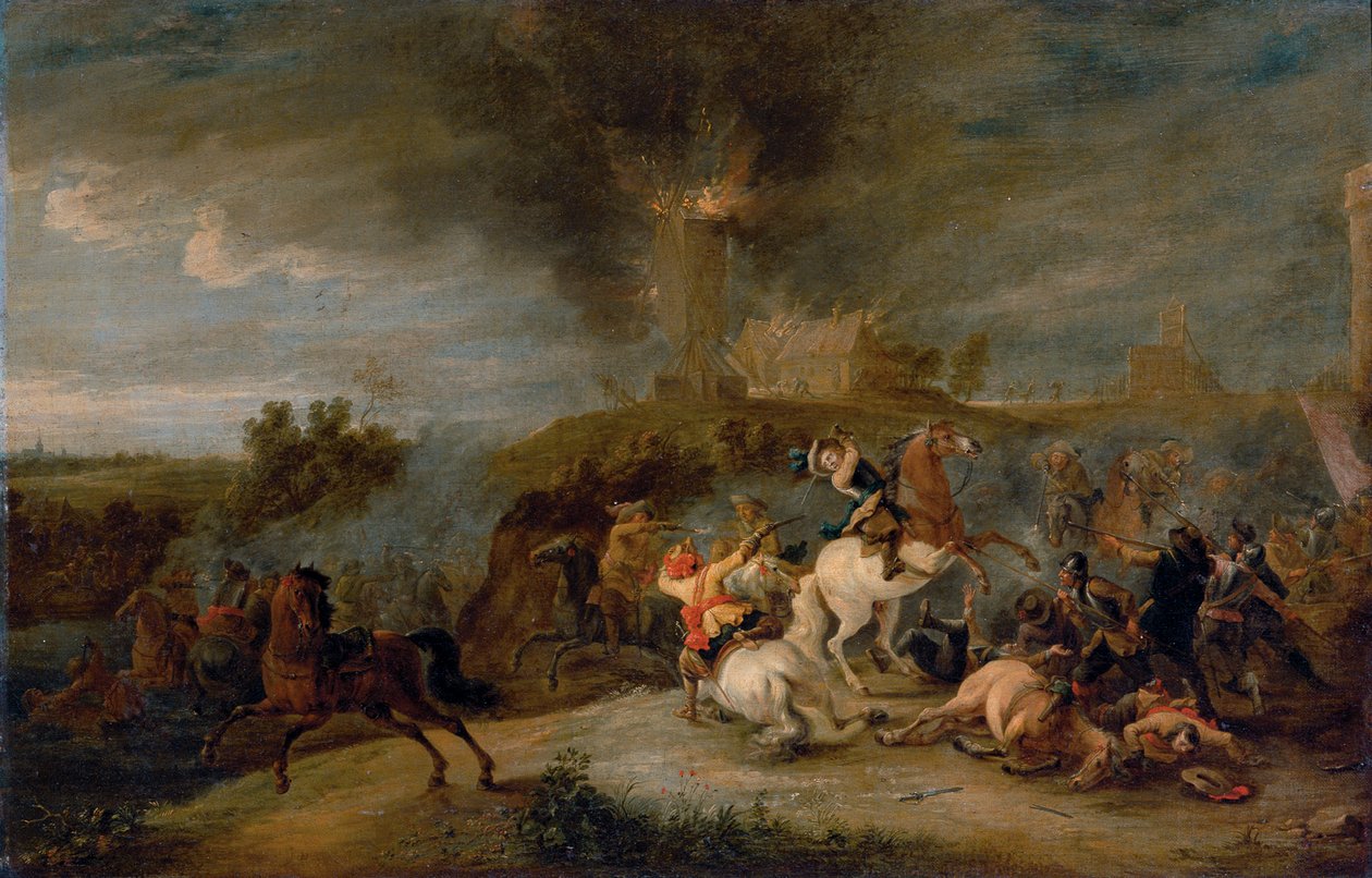 En kavalleristrid med soldater som plundrar en by av Peeter Snayers
