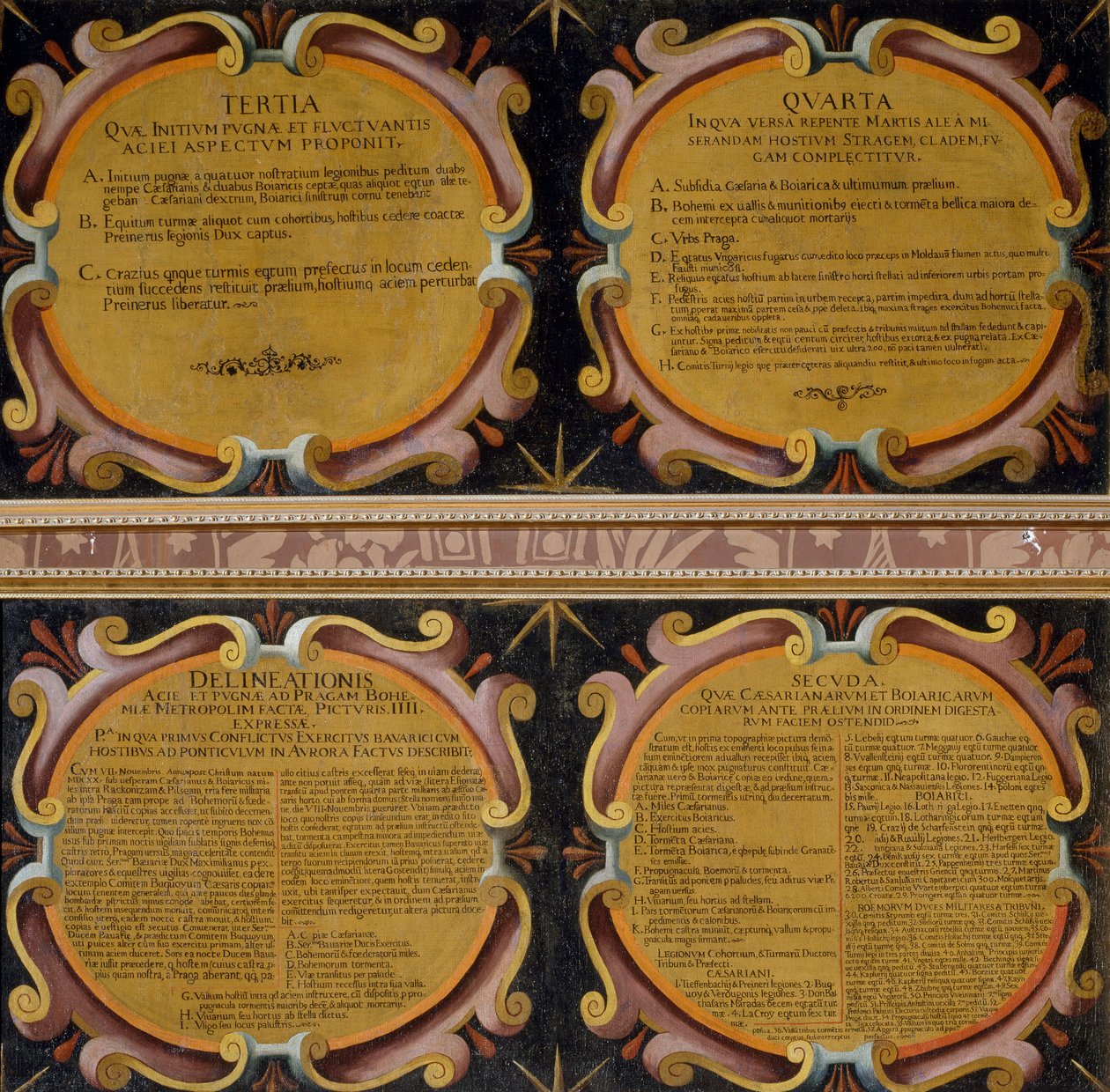 Bildtexter från fyra målningar av slaget vid Vita berget, 7-8 november 1620, Pieter Snayers (1592-1667) bevarade i Santa Maria della Vittoria, Rom av Peeter Snayers