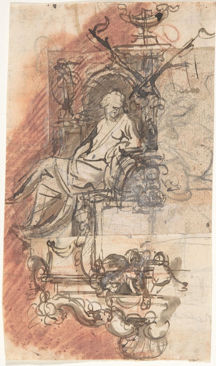 Design för ett gravmonument med en sittande kvinnofigur, a..., sent 1600-tidigt 1700-tal av Peeter Verbrugghen II