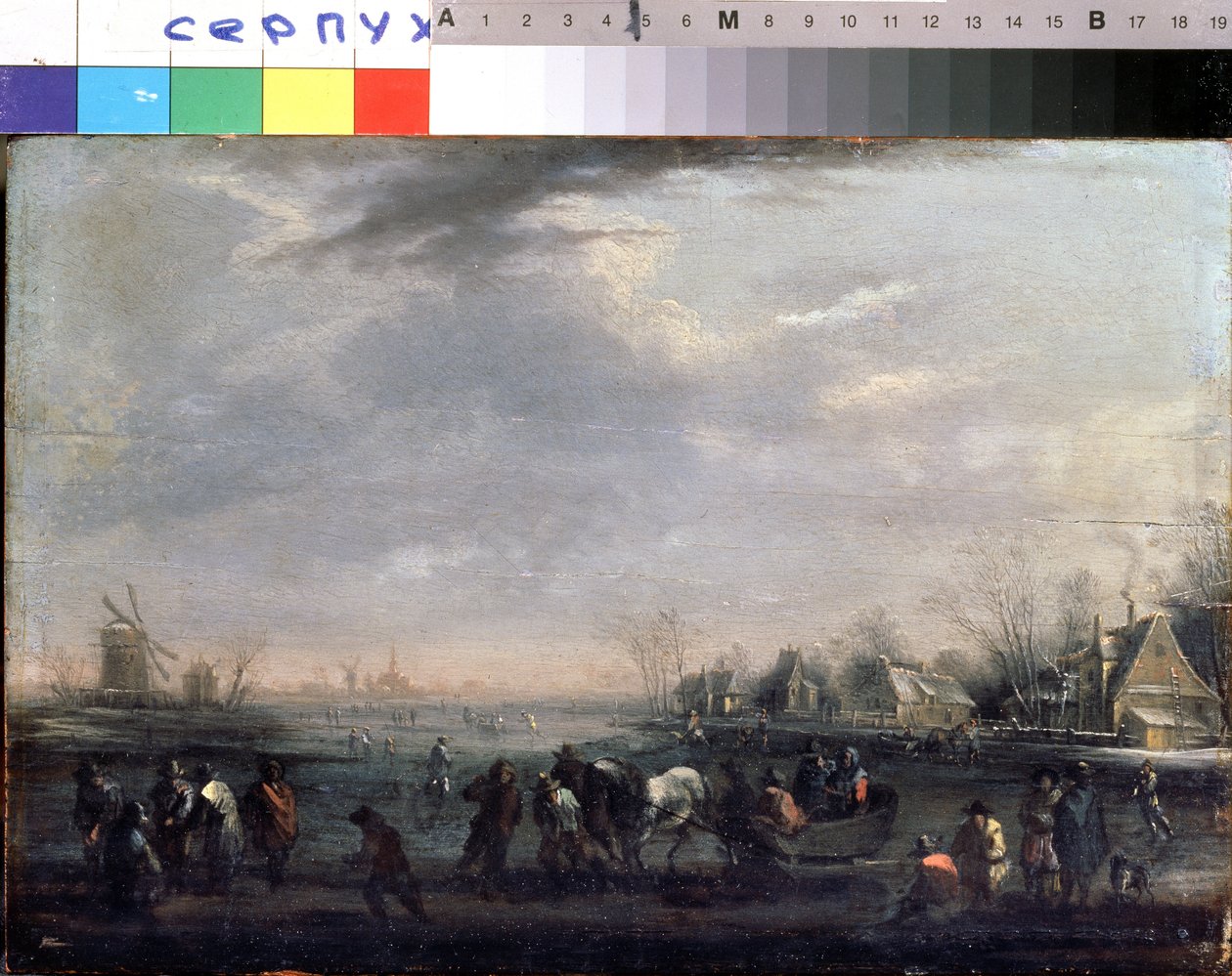 "Vinterlandskap med skridskoåkare" Målning av Peeter Bout (1658-1719) Serpukhov, Statens museum för historia och konst av Peeter or Pieter Bout