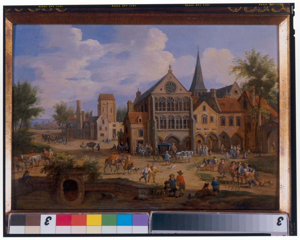 Stadsscen Med Bönder Spelar Käglor Framför En Kyrka av Peeter or Pieter Bout