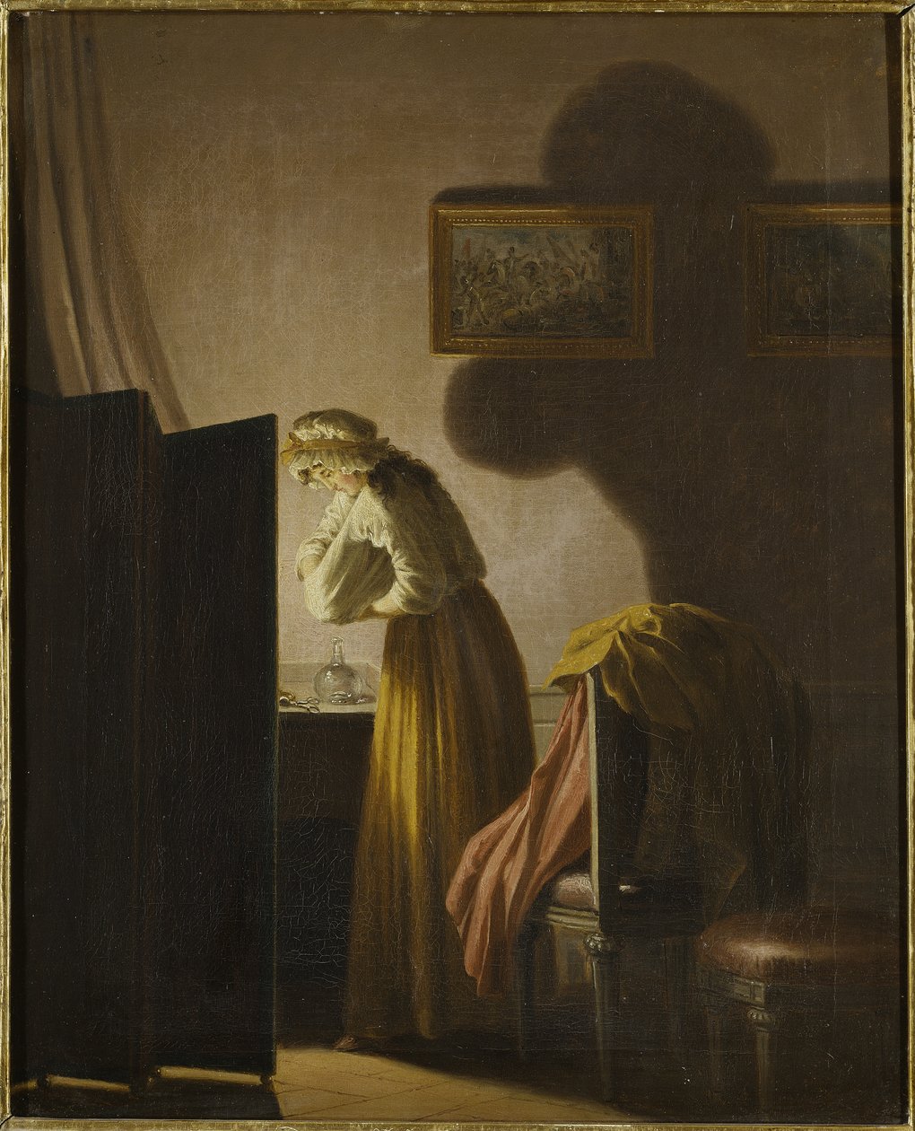 Une femme attrapant des puces a la lumiere de la bougie - A Woman Catching Fleas by Candlelight, av Hillestrom, Pehr (1732-1816). Olja på duk. Mått: 51,5x42,5 cm. Nationalmuseum Stockholm av Pehr Hilleström