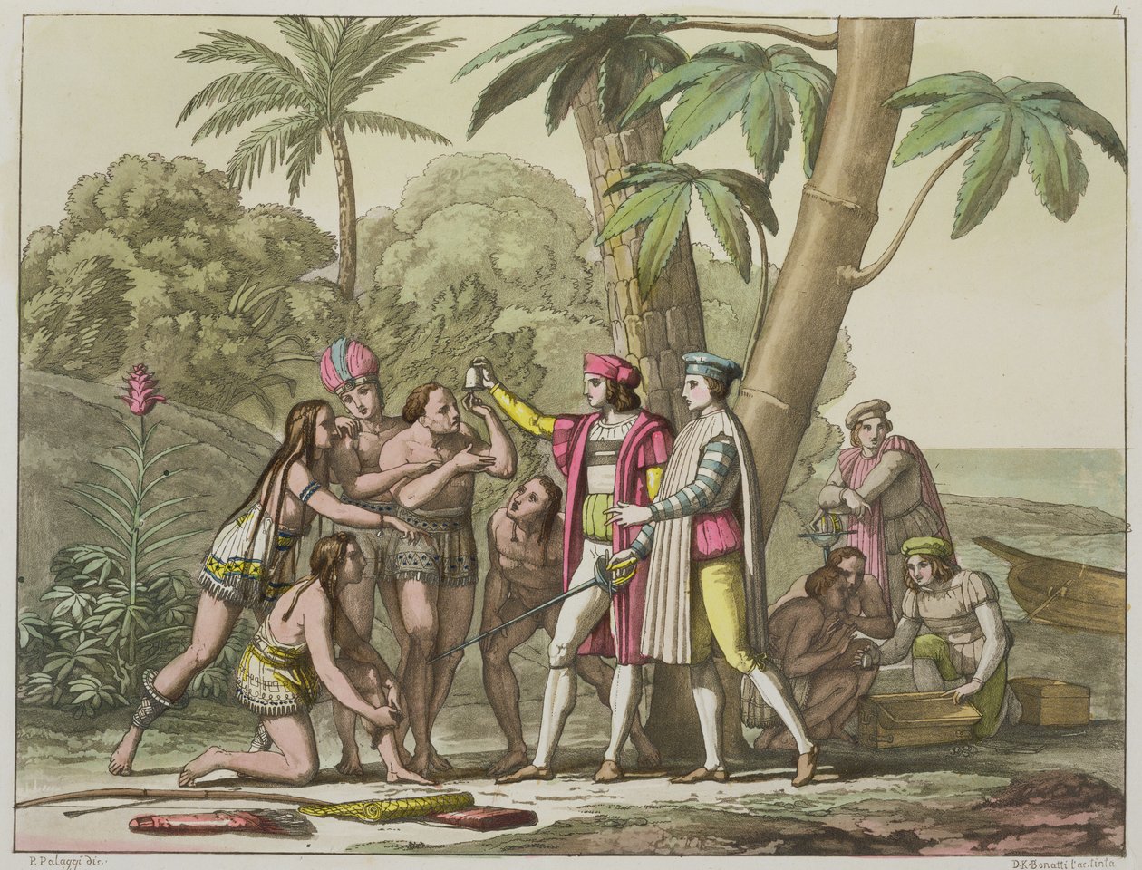 Christofer Columbus (1451-1506) med indianer, från "Le Costume Ancien et Moderne", volym I, tavla 4, av Jules Ferrario, graverad av D.K. Bonatti, publicerad på 1820-30-talen (akvatint). av Pelagio Palagi
