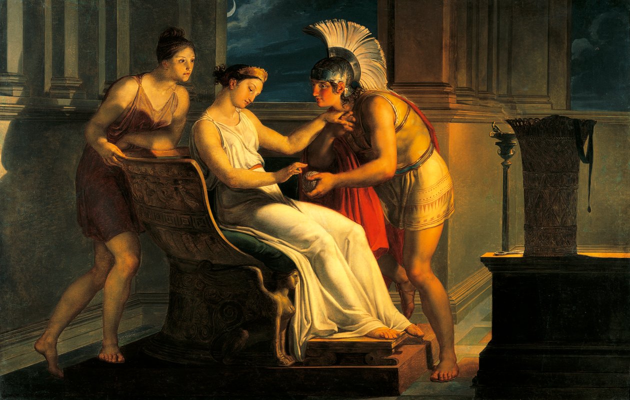 Ariadne ger en tråd till Theseus att lämna labyrint (olja på duk) av Pelagio Palagi