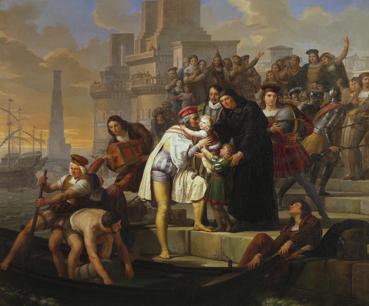 Christopher Columbus omfamnar sina två söner och rekommenderar dem till fader Giovanni Perez innan han lämnar Palos för att upptäcka Amerika av Pelagio Palagi