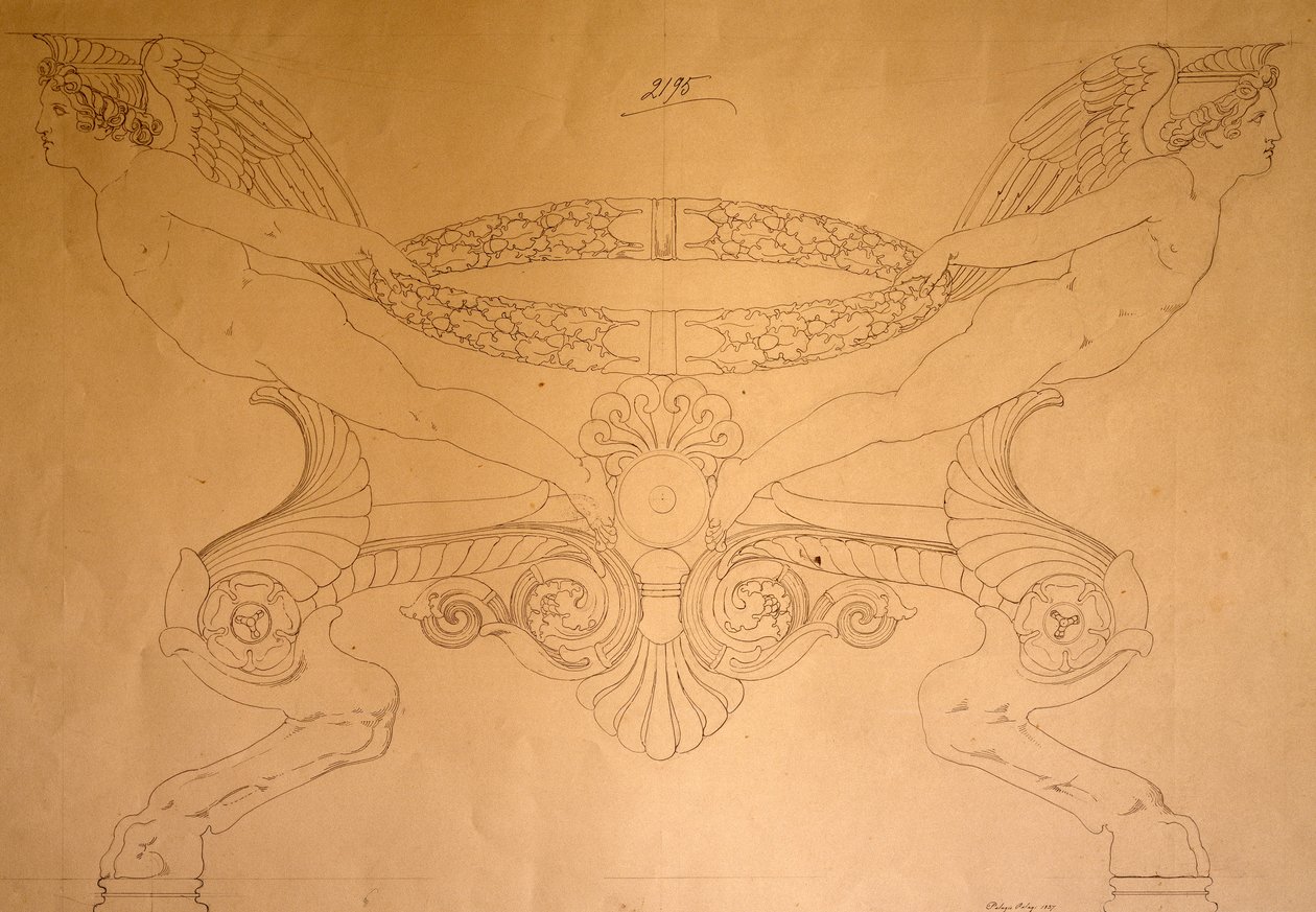 Ritning av hovformad pall med ben, ca 1837 (ritning) av Pelagio Palagi
