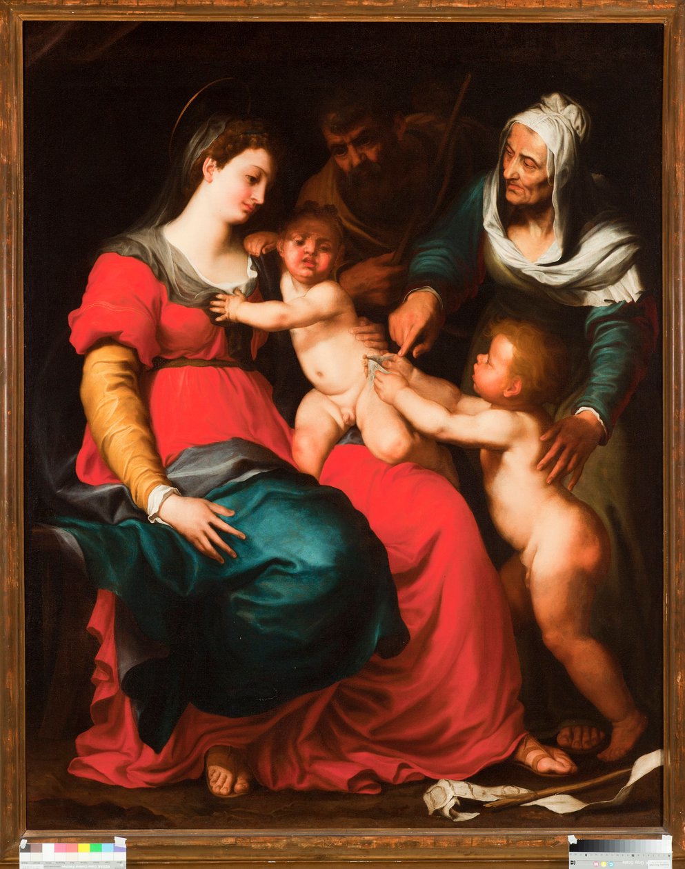 Den heliga familjen med fjärilen och med den heliga Elisabeth och den helige Johannes Döparen Målning av Pellegro Piola (1617-1640) av Pellegrino Piola