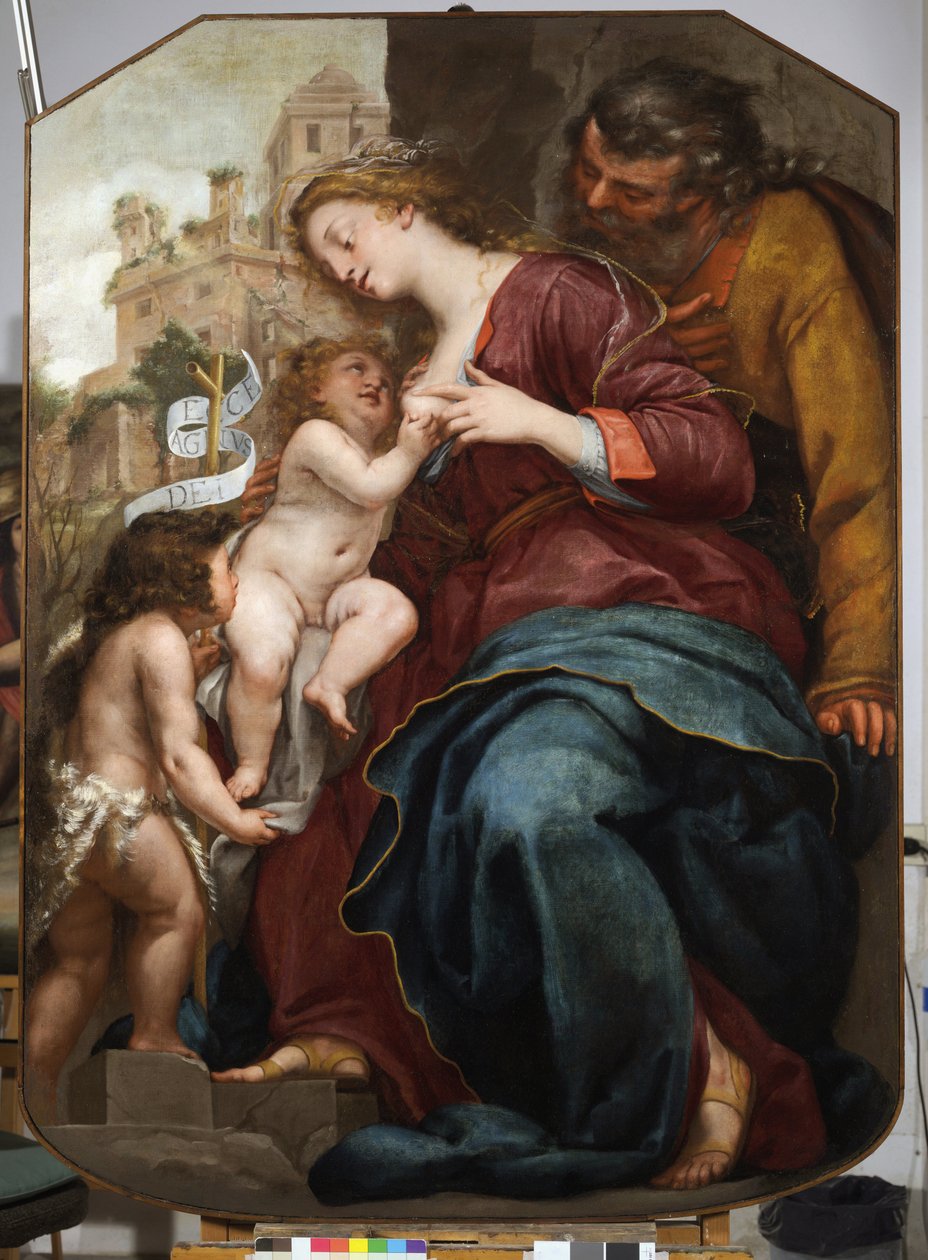 Den heliga familjen med Johannes Döparen (olja på duk av Pellegrino Piola
