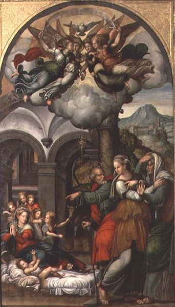 Födelsefödelse med de två barnmorskorna av Pellegrino (c.1460 1523) Aretusi