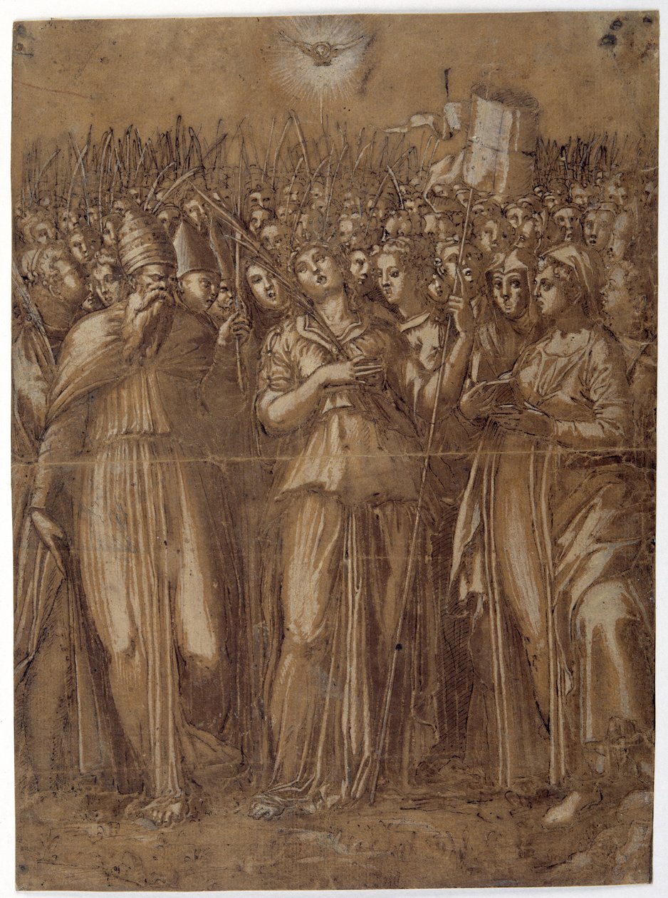 St Ursula med de martyrdödande jungfrurna (penna & brunt bläck förstärkt med vit kroppsfärg på papper tvättat brunt) av Pellegrino (c.1460 1523) Aretusi