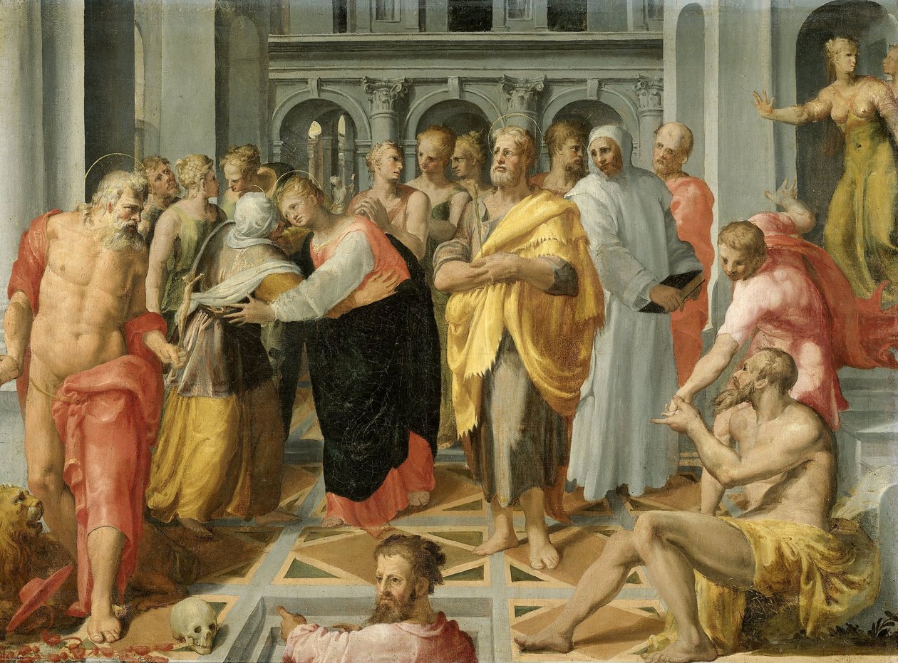Besök (Möte av Maria och Elisabet i närvaro av de heliga Josef och Hieronymus) av Pellegrino Tibaldi (circle of)