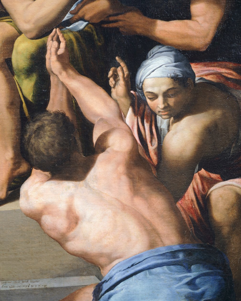 Man med överkroppen naken, detalj från Adoration of the Child av Pellegrino Tibaldi
