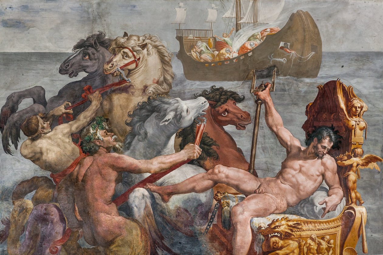 Neptunus och Ulysses skepp, detalj från Polyfemos rum av Pellegrino Tibaldi
