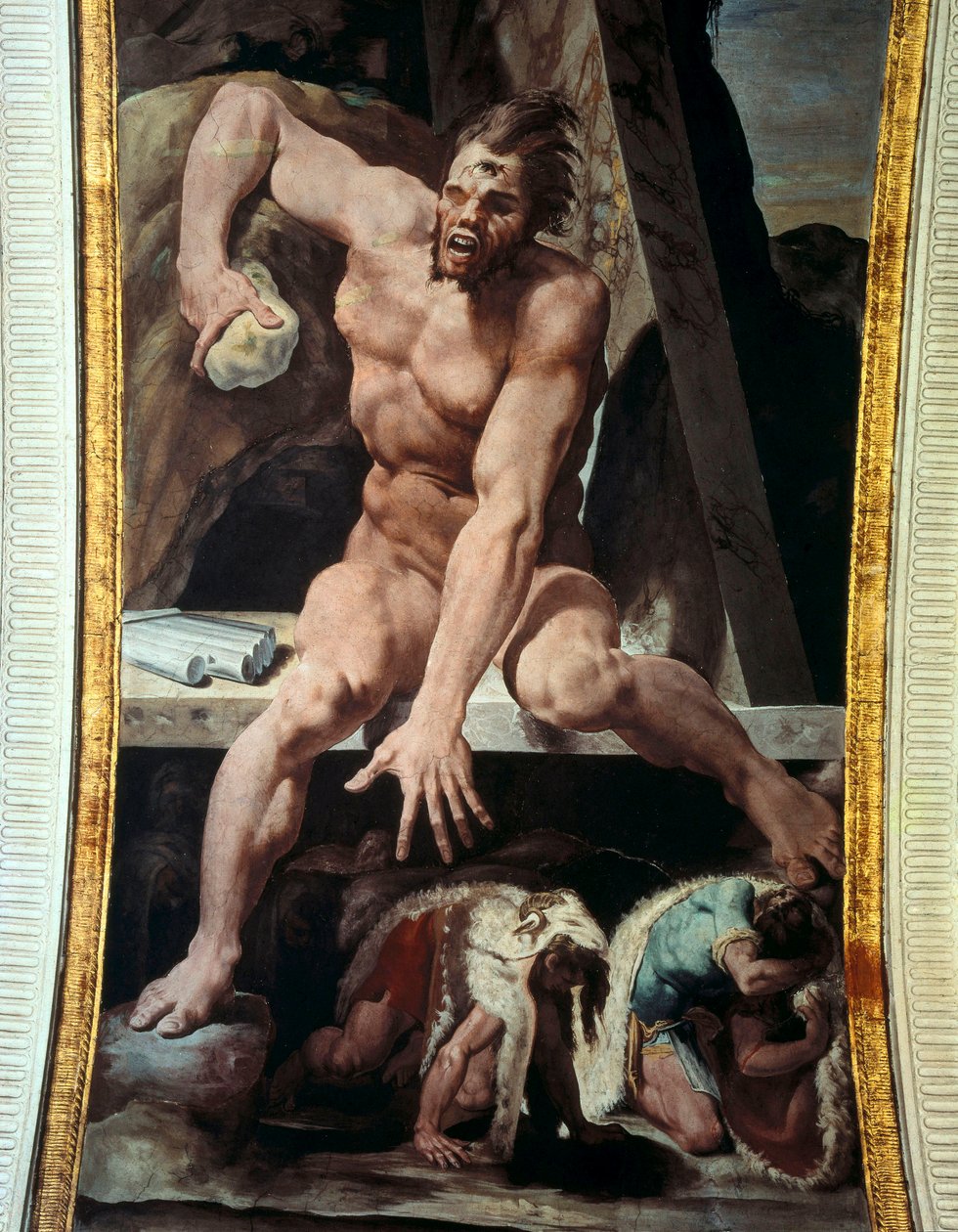 Ulysses och hans följeslagare flyr från Polyfemos håla. Fresk av Pellegrino Tibaldi