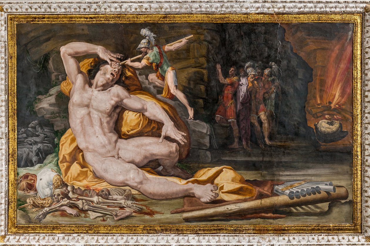 Ulysses förblindar Polyphemus, detalj från Polyphemus rum av Pellegrino Tibaldi