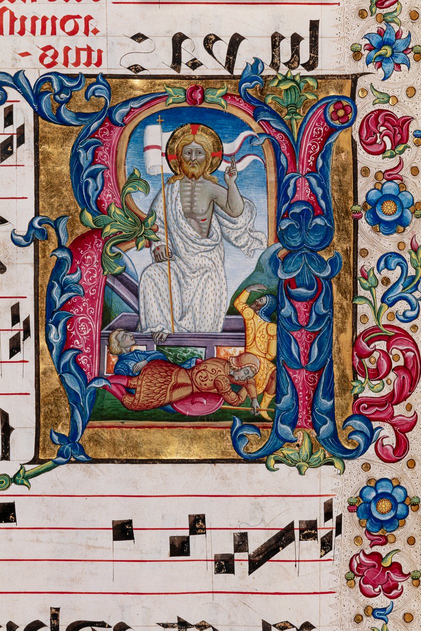 Piccolomini bibliotek: körbok, torsk. 101,7, ff. 14r med "Kristi uppståndelse", av Pellegrino di Mariano. Detalj. av Pellegrino di Mariano