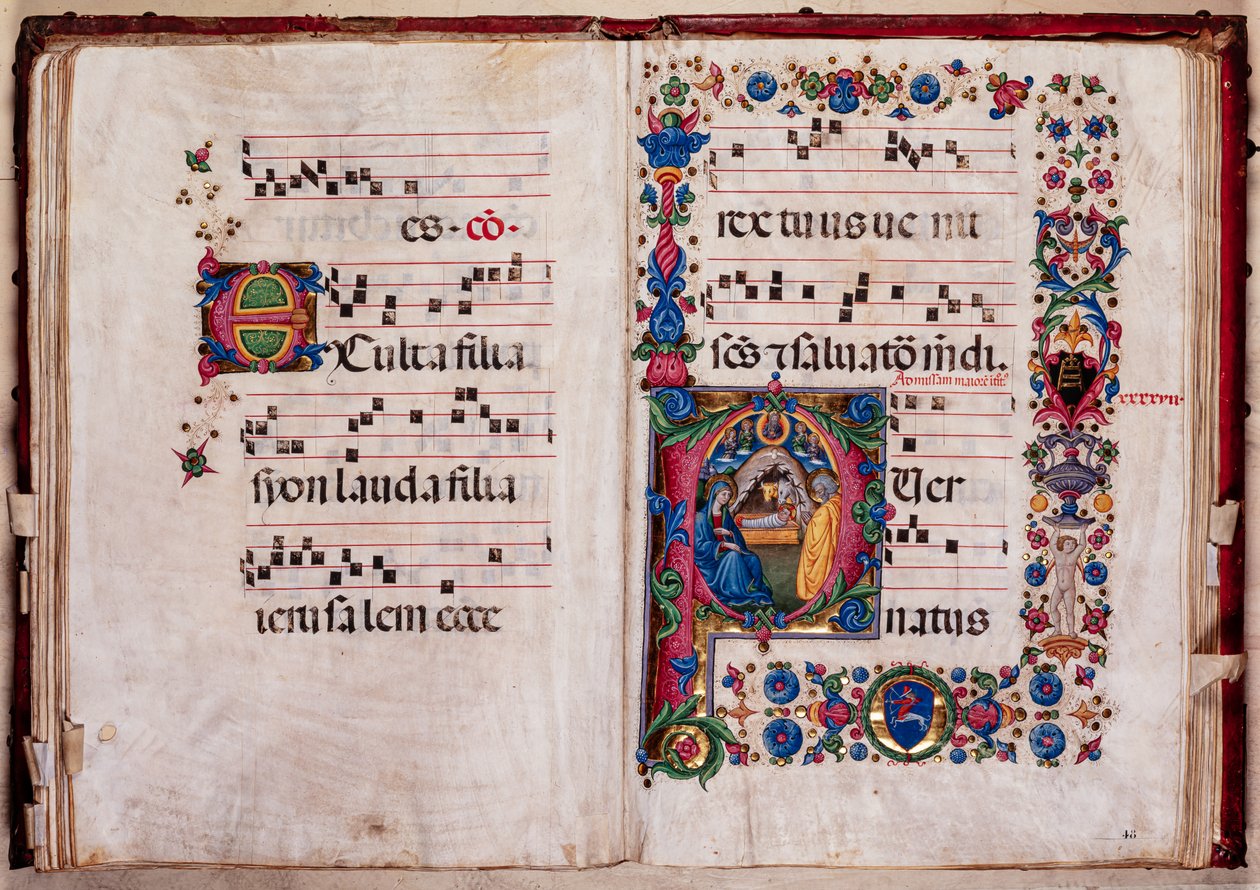 Piccolomini bibliotek: körbok, torsk. 102,8, ff. 47v-48r med "Nativity", av Pellegrino di Mariano. av Pellegrino di Mariano